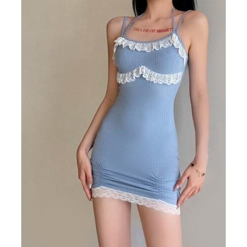 Sylcue Summer French lace splicing suspenders skirt women waist show thin show white Knitted dress Slim fit Soft Spaghetti Strap