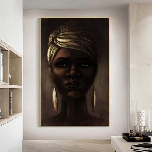 Golden Black African Woman Wall Art Posters and Prints Canvas Painting Picture for Living Room Home Interior Cuadros Decoration