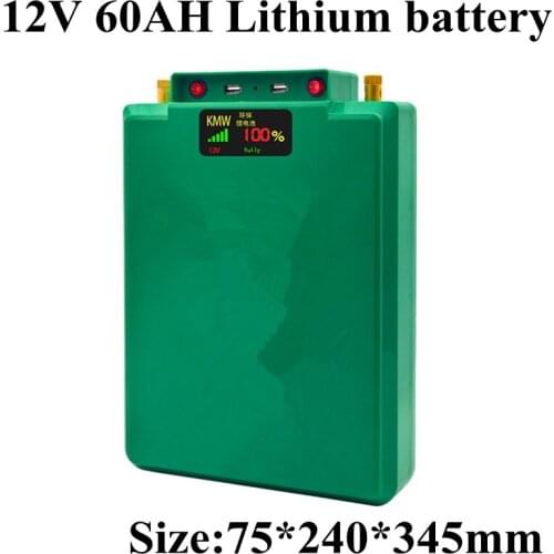 12V 60AH Li-ion Lithium Battery with USB Handle Voltage Display for 12V Digital Product Led Strips Camping Light Auto Start+Bag