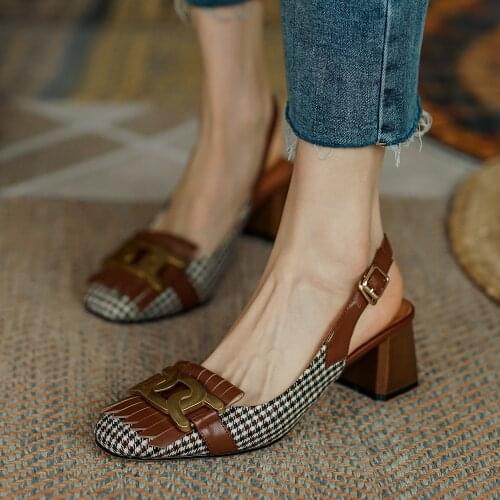 2021 Fashion Women Summer Shoes Kitten Heels Genuine Leather Pumps Ladies Chunky Heels Square Toes Sandals White/Brown 33-40