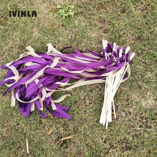 50pcs/lot dark purple Jute wedding ribbon wands with sliver bell for wedding decoration