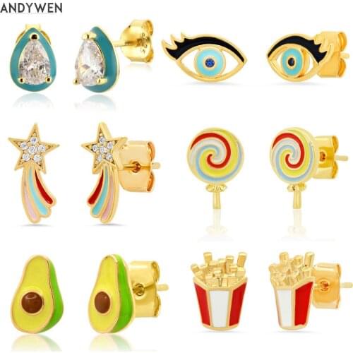 ANDYWEN 925 Sterling Silver Gold Avocado Lollipop Stud Earring Piercing Potato Chips Pendientes Fine Jewelry Rainbow Star Eye