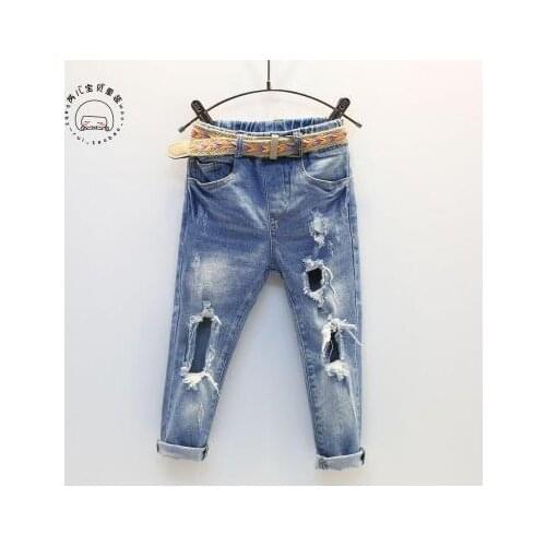 Childrens clothing Korean 2020 spring new belt large hole girls jeans baby pencil pants