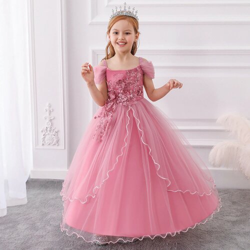 Girls one-shoulder elegant net gauze puffy princess dress stage catwalk show evening dress wedding dress birthday party dress