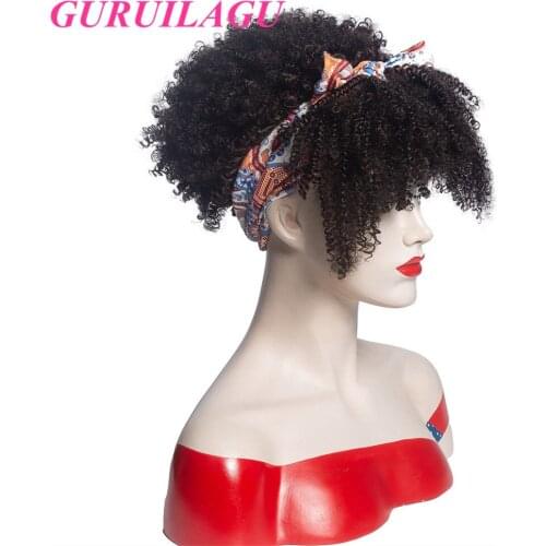 GURUILAGU Afro Kinky Curly Wig Synthetic Wig Heat Resistant Fiber Synthetic Hair Short Natural Color Headband Wig for Women