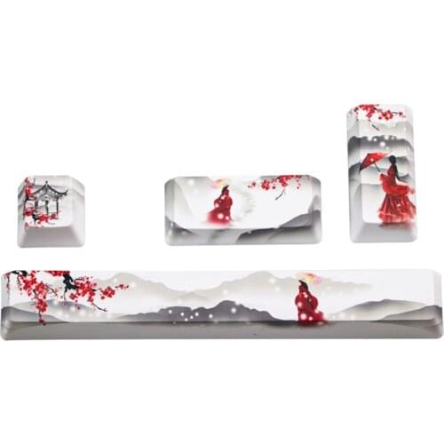 Y5JF PBT Five Sides Dye-subbed Keycap Space Bar 6.25u Esc Entre Keys 4 Keys Girl in Red with Umbrella Beautiful Scene