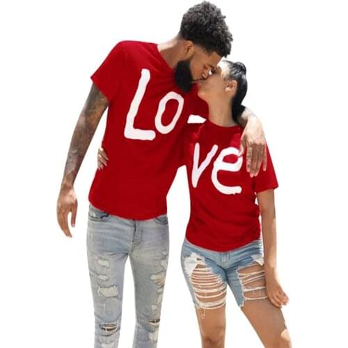 Summer Couple T-shirt Men Women Red Short Sleeve Round Collar LOVE Letters Printed Pattern Tops