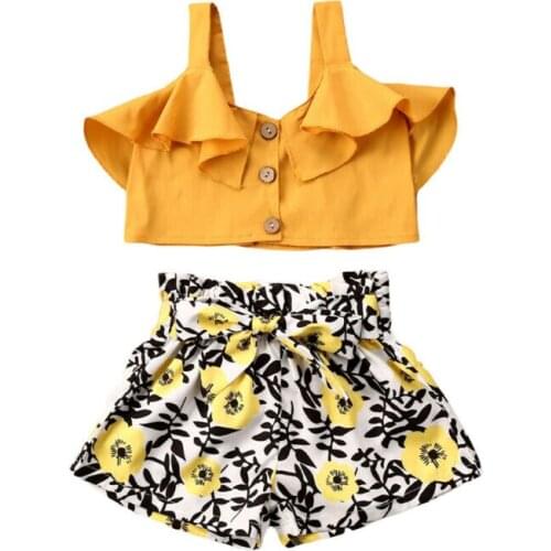 Baby Summer Clothing Girls 2pcs Outfit Set Cozy Sling Button-Down Lotus Leaf Loose Top Shirt Short Flower Pants Set