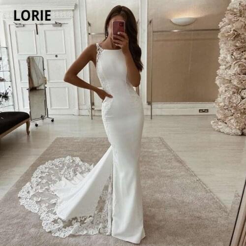 LORIE Elegant Wedding Dresses Mermaid Appliques Lace Boho Wedding Gown Long Train Elastic Soft Satin Bride Dress 2021