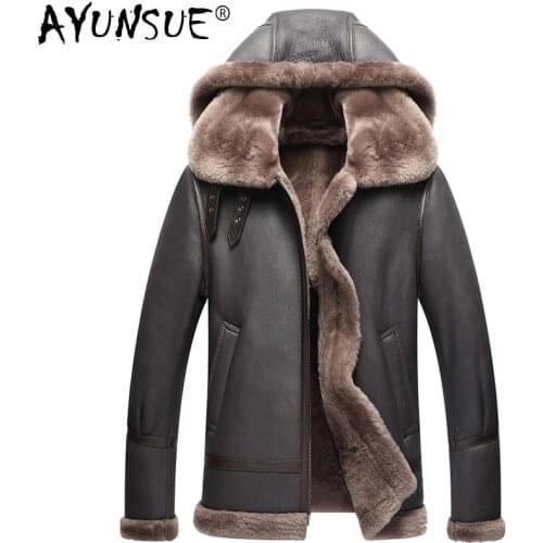 AYUNSUE Genuine Leather Jacket Men Winter Australian Natural Fur Real Sheepskin Coat for Men Lamb Fur Flight Mens Jackets KJ853