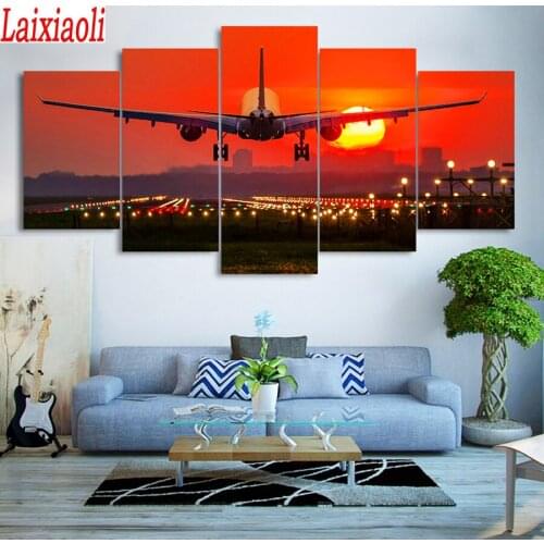 5 Piece/Pcs Red Sunset Landscape And Airplane diy,Full,Diamond Painting,Stitch Cross,Diamond Embroidery living room decor art