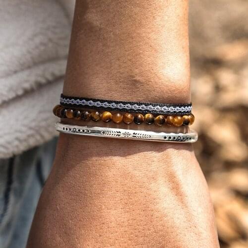 Handmade Woven Colombian Boho Knot Rope Bracelet Set Silver Simple Cuff Bangle Natural Brown Tiger Eye Beads Birthday Jewelry