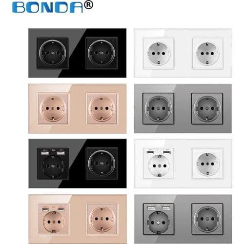 BONDA EU Standard USB Socket Socket 6A Tempered Crystal Glass Panel Sockets with 2 USB Charge Port Wall Power Outlet 172 * 86mm