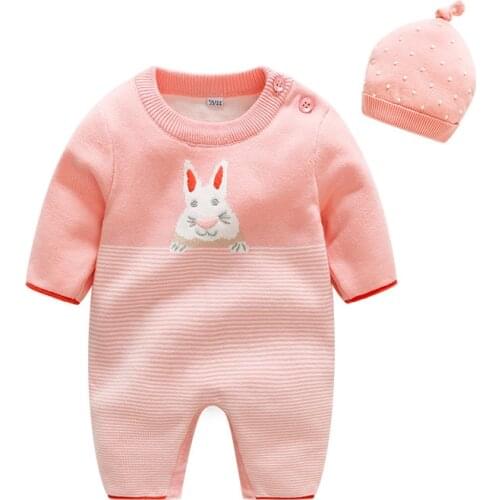 New winter baby girl clothes cute rabbit pink knitted cotton sweater girl romper and hat