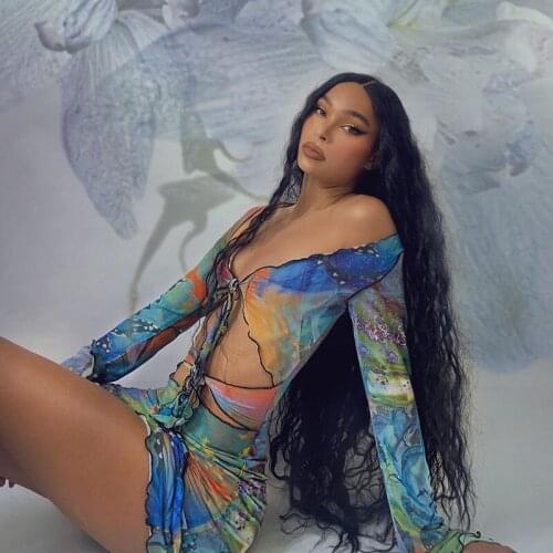 Y2k Bodycon Dress Tie-Dyed Colour Butterfly Printing Frenulum Exposed Navel Long Sleeve Dresses For Women 2021