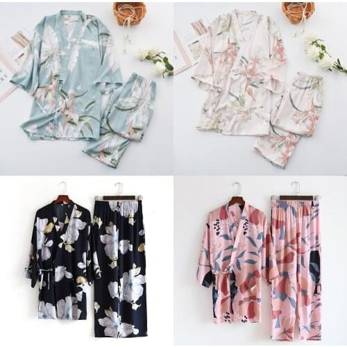 2021 Japanese Kimono Pajamas Two-piece Suit Ladies Spring and Summer New Big Flower 100% Viscose Loose Home Service Set Floral