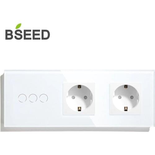BSEED EU Touch Switch 3 Gang 1 Way 2 Way Wall Switch With Double EU Socket 3 Colors Crystal Glass Panel White Black Glod