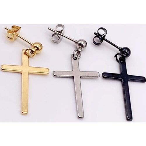 1Pcs New Mens Stainless Steel Drop Dangle Earrings Black/Silver Color Cross Gothic Punk Rock Style Jewellery