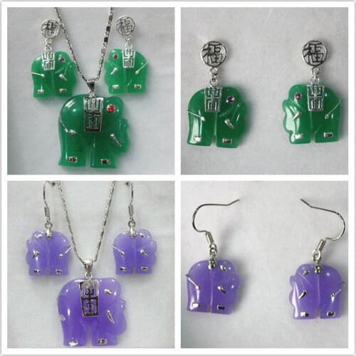 Natural Green Jades/Alexandrite Carved Elephant Earrings Pendant Necklace Set AAA>>> women jewerly