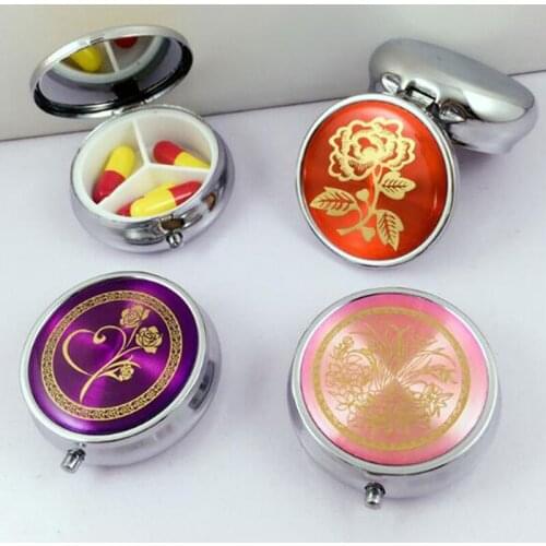 Random Metal Round Flower Print Folding Pill Case Medicine Organizer Box Travel Makeup Storage Container