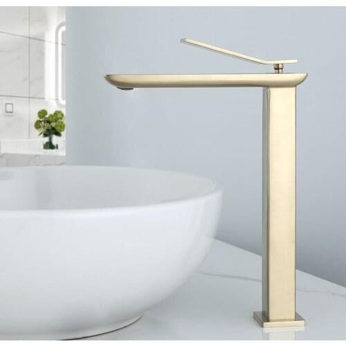 Basin Faucets Solid Brass Bathroom Sink Mixer Tap Hot & Cold Lavatory Crane Vessel Single Handle Deck Mount Brushed Gold/Chrome