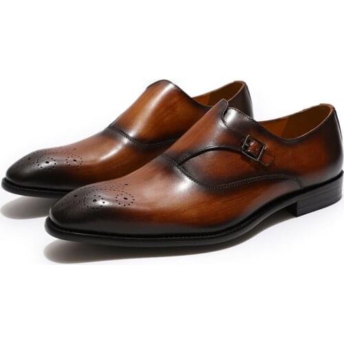 FELIX CHU Mens Brown Dress Shoes Loafer Classic Medallion Toe Genuine Leather Buckle Monk Strap Man Formal Shoes Black Burgundy