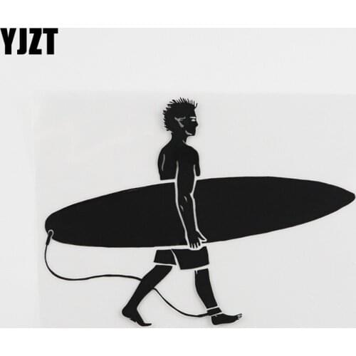 YJZT 14.9CMX10.9CM Surfing Guy Surf Beach Surfer Vinyl Car Sticker Black/Silver 8A-0246