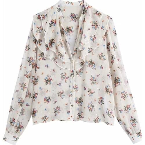 ZA New Spring Autumn Women Retro Printing Simple Style Loose Long Sleeve Chiffon Shirt Casual Chic Tops XITIMEAO