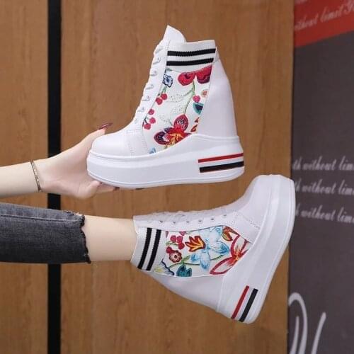 New Spring High Top Platform Ankle Boots Women Fashion Chunky Sneakers Hidden Heels Height Increasing Ladies Wedge Shoes Woman