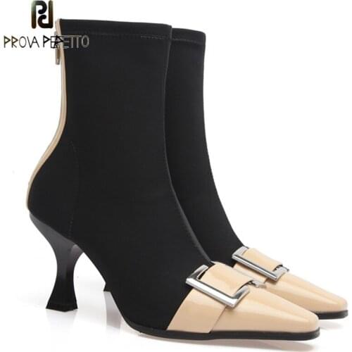 British Short Boots Female Autumn New Pointed Cowhide Stitching Thin Skinny Boots High-heeled Stiletto Square Buckle Short Boots