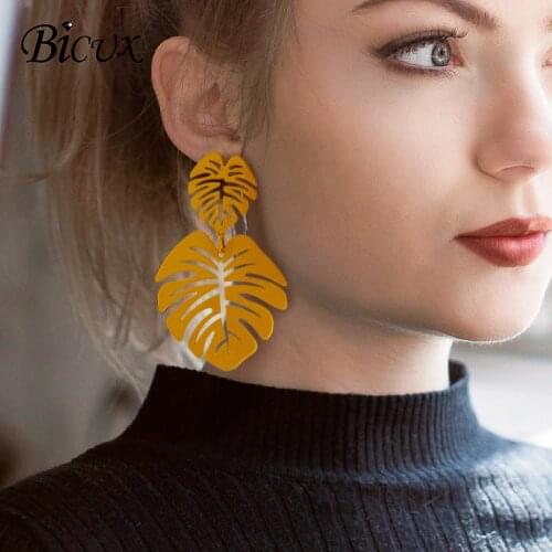 BICUX Statement Big Leaf Drop Earrings 2019 for Women Fashion Vintage Geometric Yellow Green Long Hollow Metal Earring Jewelry