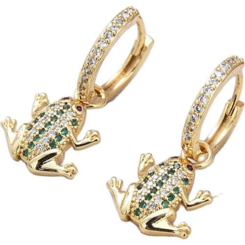 GG Jewelry Geometric Natural Cute Colorful Micro Pave CZ Gold Color Frog Hoop Earrings For Girls Fashion Vintage Style For Lady