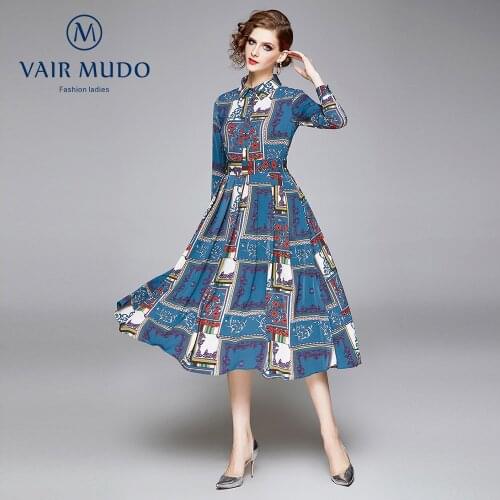 Women Dress Lapel Large Swing Long Sleeve Printed Dress Elegant Fashion Square Collar Wrist Blue Summer Spring Autumn DressY-150