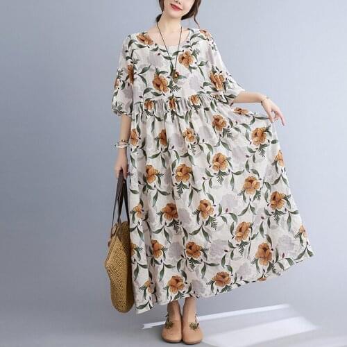 Oversized Dress 2021 New Arrival Short Sleeve Cotton Linen Loose Summer Dress Print Floral Women Casual Long Maxi Beach Dress