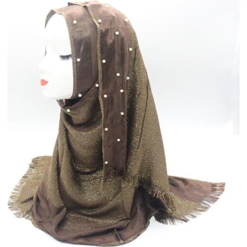 Gold thread viscose pearls solid fringed women scarf shimmer plain wraps shawl cosy fashion muslim hijabs new design 150pcs/lot