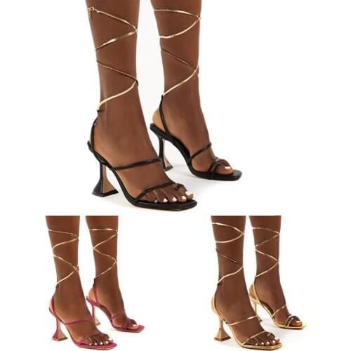 2021 Summer Woman Shoes Sandals New Fashion Cross-Tied Metal Heel Ladies Shoes Lace-Up High Heels Party Pumps Size 42 Gold