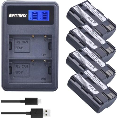 Batmax 4PCS BP-511A BP-511 Camera Li-ion Battery + LCD USB Dual Charger for Canon EOS 5D 50D 40D 20D 30D 10D 1D D60 300D D30
