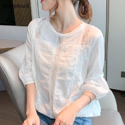 White Chiffon Lace Blouse Women 2021 Fashion Plus Size Floral Womens Shirts Summer Lantern Sleeve Loose Tops Blusas Mujer 15204