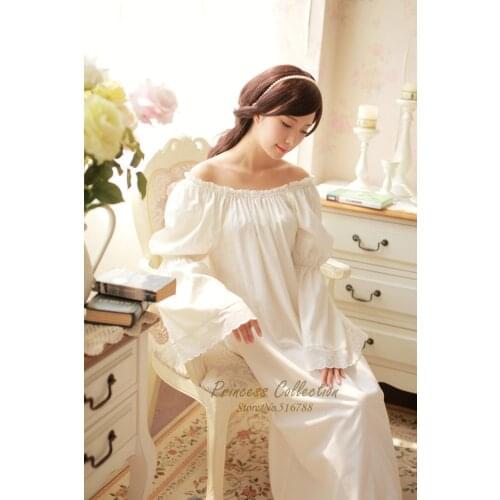 Free Shipping 100% Cotton Princess Nightdress Royal Pijamas Womens Long Nightgowns White Embroidery Nightshirt negligee