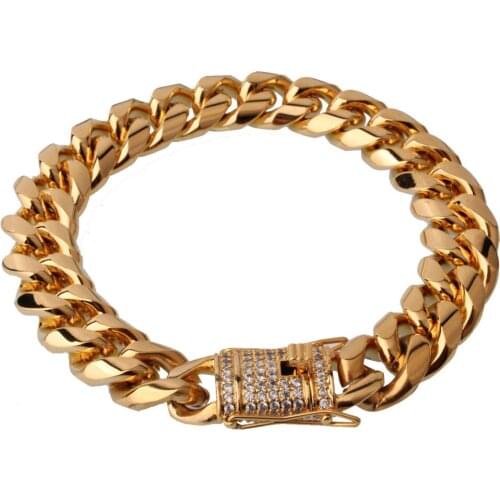 15mm Gold Tone Stainless Steel Miami Curb Cuban Link Chain Bracelet Punk Mens Cuff Jewelry Shiny CZ Clasp 7-11" Custom Sizes