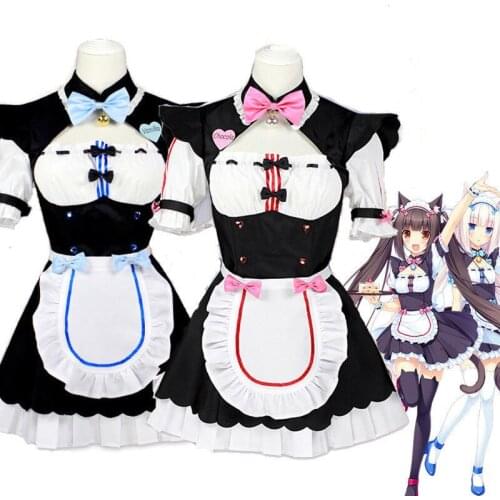 Womens NEKOPARA Chocola Vanilla Maid Cosplay Costume Sexy Cute Dress Full Set Cat Maid Servant Dress Lolita Style
