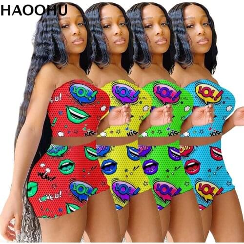HAOOHU Women Sexy Sleeveless Lips Print Top Tank Tee Elastic Skinny Shorts Pant Beach Summer Clubwear Party Outfit Tracksuit
