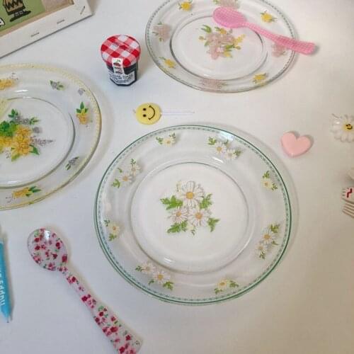 Small Dew Glass Plates тарелки для еды поднос Korean INS Style Girl Heart Flower Dessert Dish Fruit Salad Cake Plate Platos