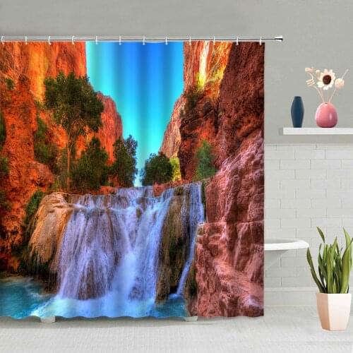 Natural Scenery Cave Shower Curtains Waterfall Ocean Mountain Bathroom Decoration Bath Curtain Washable With Hook Home Screen