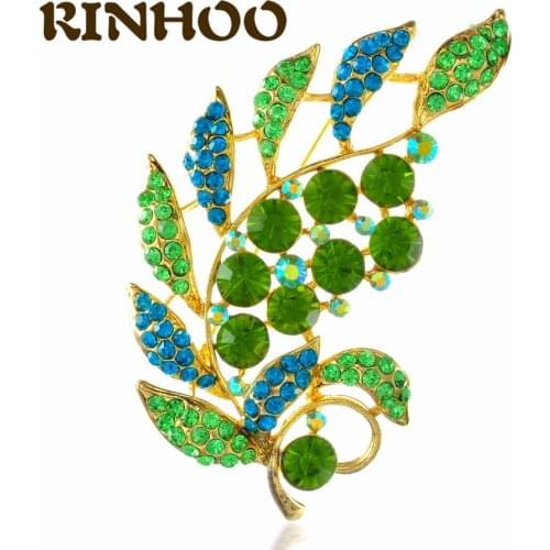 RINHOO Green Leaf Flower Brooches Vintage Plant Brooch Pin Full Rhinestone Inlay Suit Corsage Coat Sweater Accessories Good Gift