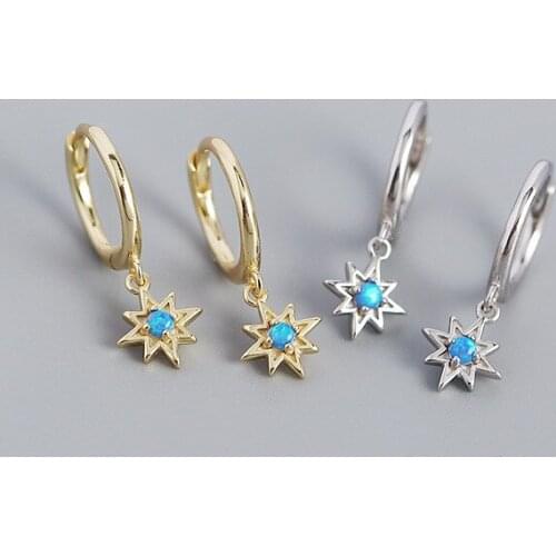 Genuine 925 Sterling Silver INS Anise Star Blue Pave Zircon Drop Earring For Women Girl Bohemian Party Rock Jewelry Gift