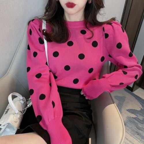 Polka Dot Women Pink Sweater Puff Sleeve 2020 Fashion Girls Short Style Long Sleeve Pullovers And Sweaters