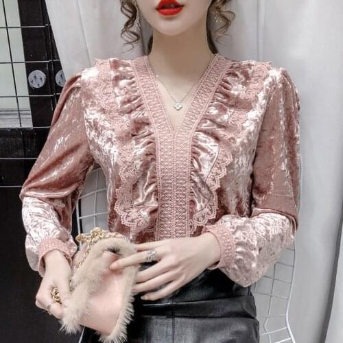 2020 Korean Sweet Lace Ruffled V-Neck Shirt Women Spring Autumn Long Sleeve Slim Cozy Pullover Tops Fashion Glossy Blouse KW377