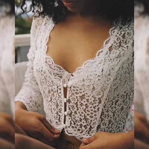 Women Spring Summer See Through Sexy Lace Crop Tops Party Clothes Loose Long Sleeve V Neck Buttons T Shirts Fashion Casual Tunic