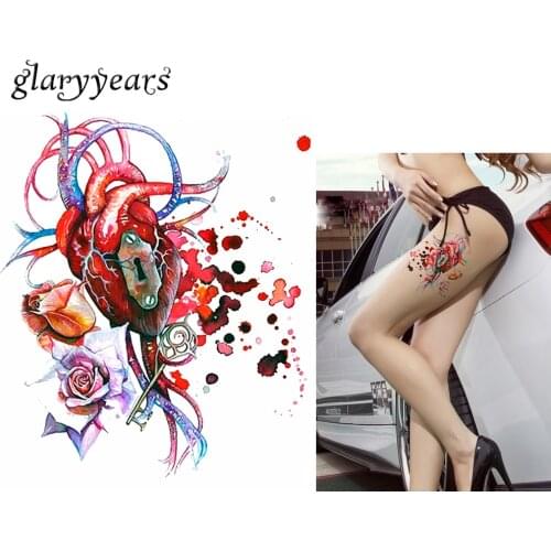 1 Sheet Watercolor Waterproof Tattoo KM-093 Heart Lock Key Blood Vessel Decal Design Women Men Body Art Temporary Tattoo Sticker